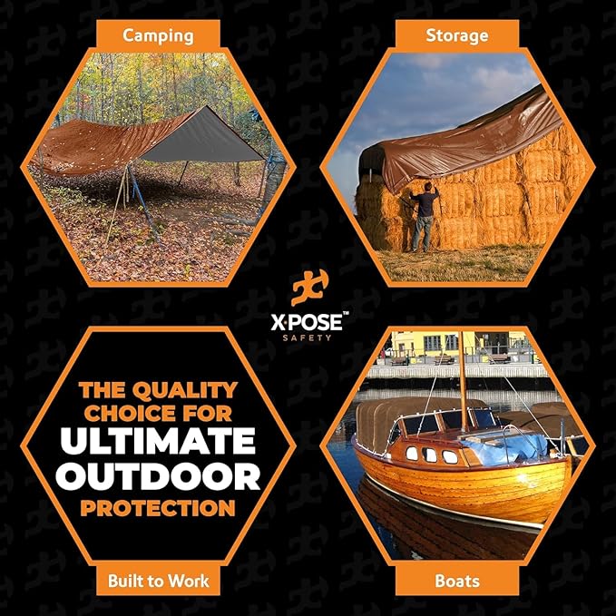 xpose safety 10' x 20' Brown/White Ultra Heavy Duty Tarp - 20 Mil Tarps Heavy Duty Waterproof 10x20 - Extra Large Tarp,Waterproof Tarp Cover Rain Camping,Tent Tarp,UV Protection,Reinforced Corners