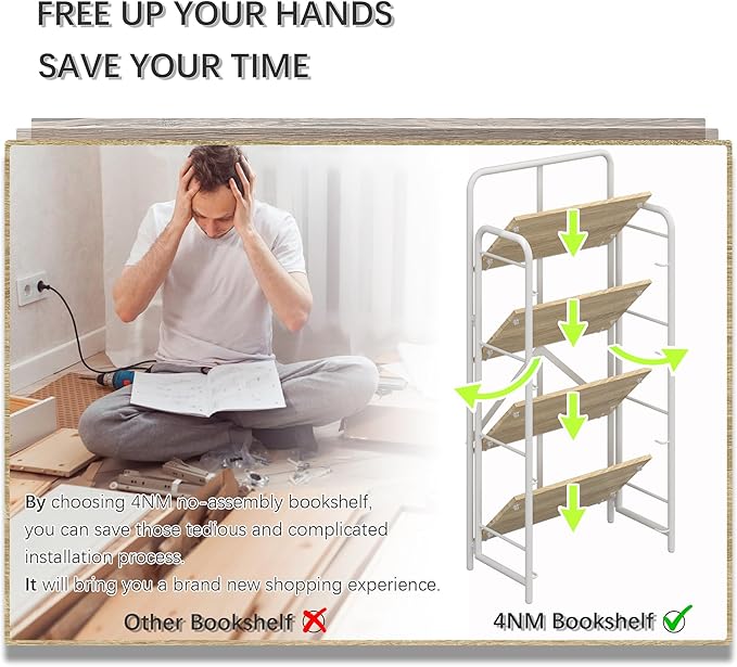 4NM No Assembly Folding Bookshelf, 4 Tiers Collapsible Book Shelves Open Industrial Foldable Storage Bookcase Shelf for Bedroom, Living Room, Home Office - Natural and White