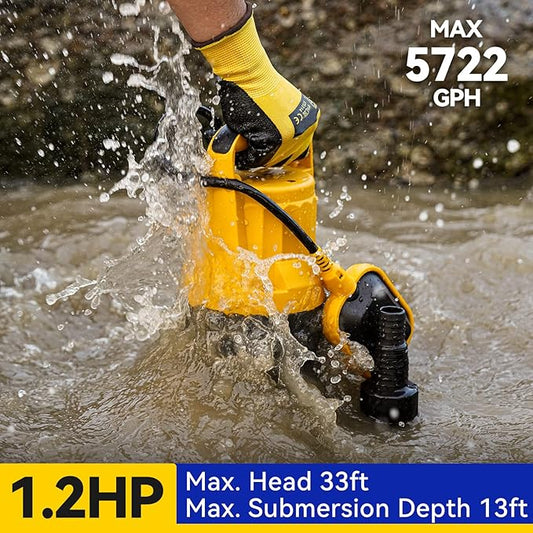 Acquaer 1.2HP Sump Pump 5722GPH Submersible Pump with Automatic Float Switch, Clean/Dirty Water Removal for Basement, Hot Tub, Pools, Garden Pond