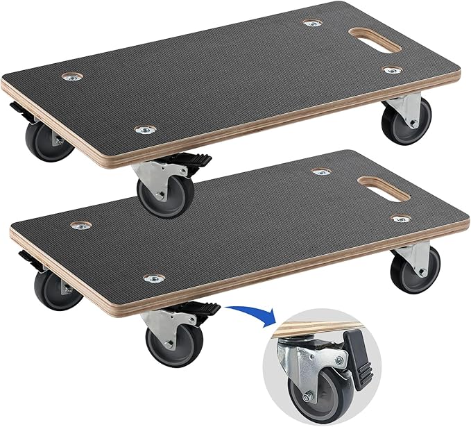 Anti-Slip Plywood Platform Dolly 2 Swivel + 2 Brake Caster Wooden Cart 550 Lbs Capacity (2 Packs per Set) Furniture Transporter Widely Use for Moving Heavy Furnitures,Goods, Green Plants