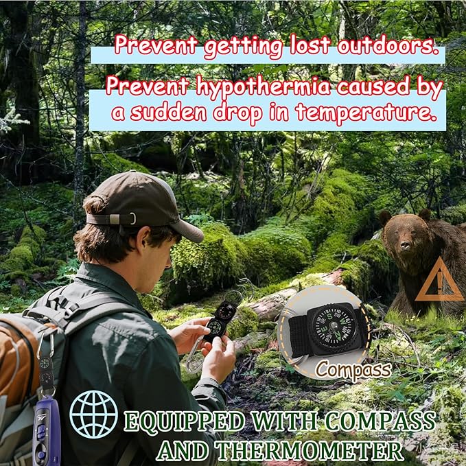 Rechargeable Bear Horn to Scare Bears, 125dB Electronic Air Horn with LED Flashlight & Compass & Thermometer, Electronic Whistle Bear Bells for Safety Hiking Camping Emergency Self Defense