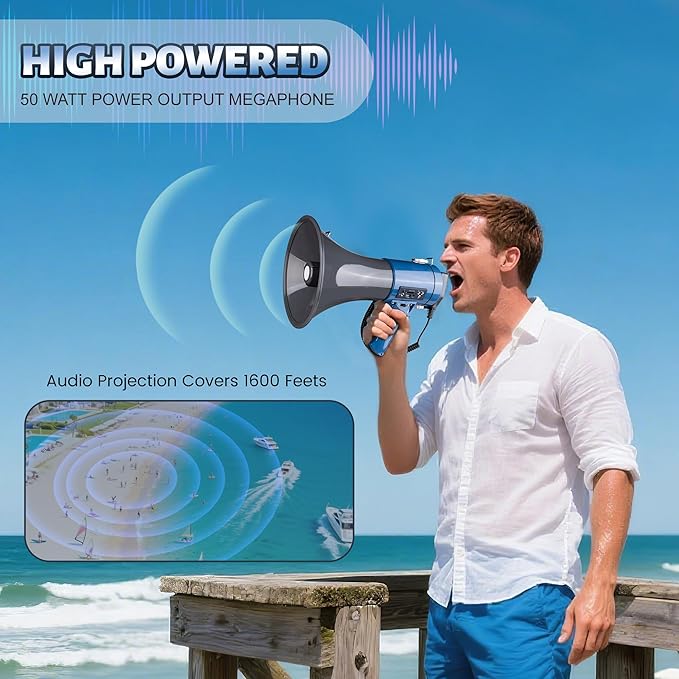 50 Watt Megaphone Bullhorn with Detachable Microphone, 240s Recording and Siren - Perfect for Indoor/Outdoor Sporting Events and Crowd Control