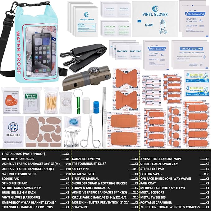 154 Pieces Waterproof Boat First Aid Kit Dry Bag with Cell Phone Bug Out Bags Pouch Roll Top Boat Emergency Kit 2-in-1 for Camping Fishing Kayaking Swimming Rafting