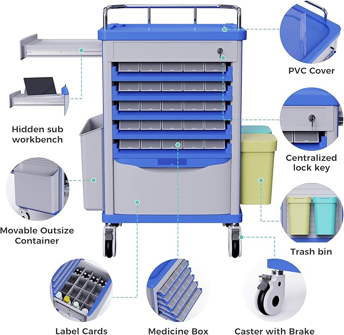 Medication Bins Cart with 200 Bins, 10 Drawers, Hidden Sub Workbench - Dual-Sided Open, 50 Medicine Boxes, Silent Casters, Container, 2 Trash Bin-Medical Crash Cart for Clinic, Hospital and Lab