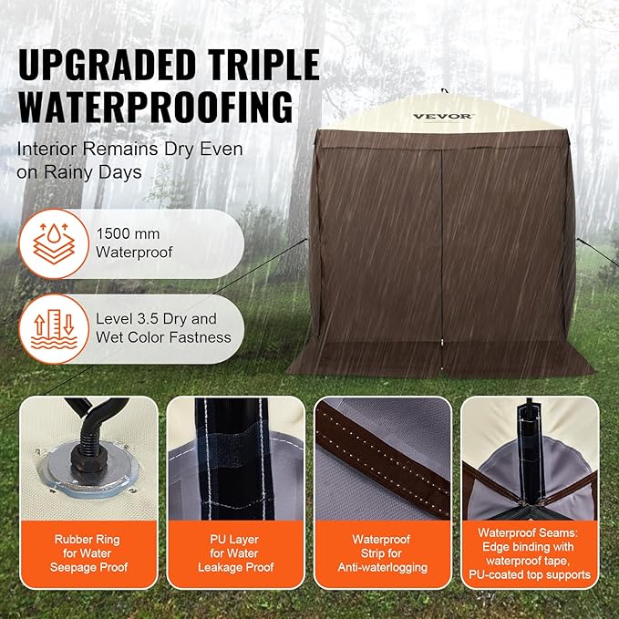 VEVOR Pop Up Gazebo Tent, Pop-Up Screen Tents 4 Sided Canopy Sun Shelter with 4 Removable Privacy Wind Cloths & Mesh Windows, 6x6FT Quick Set Screen Tent with Mosquito Netting, Brown