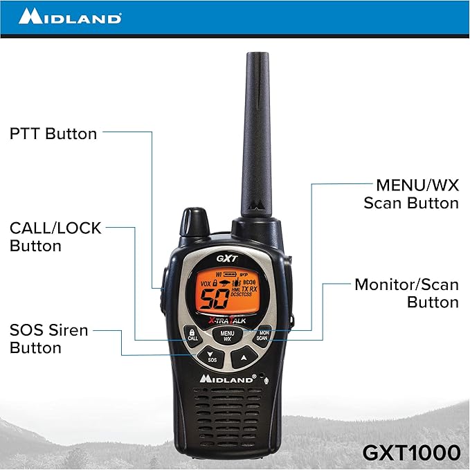 Midland GXT1000VP4 50 Channel GMRS Two-Way Radio - Up to 36 Mile Range Walkie Talkie - Black/Silver (Pack of 6)