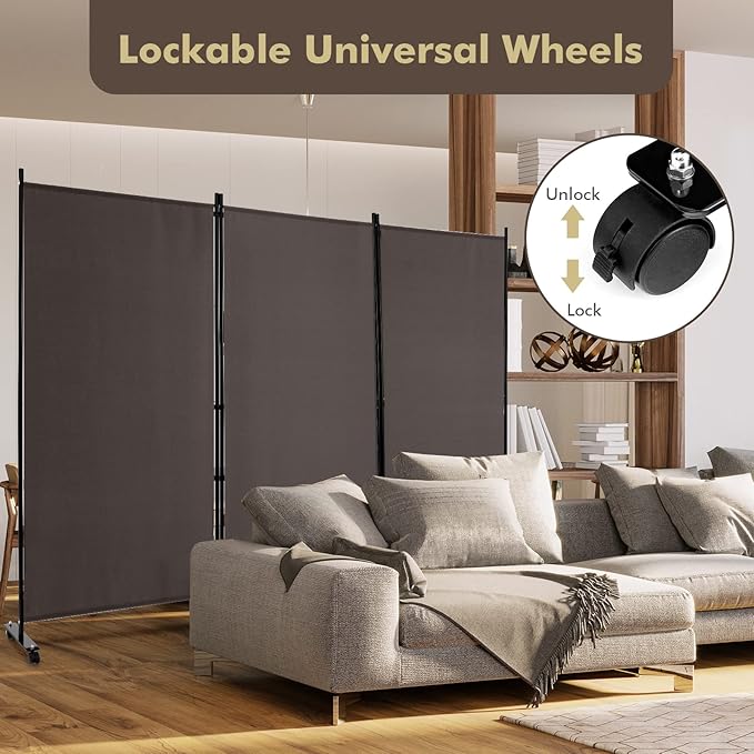Giantex 3 Panel Room Divider with Wheels, 103''W x 71''H Folding Privacy Screen, Rolling Partition Room Dividers for Home Office Studio, Freestanding Fabric Wall Divider for Room Separation, Brown