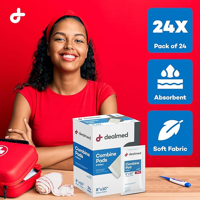 Dealmed Abdominal Combine Pads 8"x10" (24-Pack) Sterile Individually Wrapped, ABD Pads, Absorbent, Non Adherent for Wound Care, Drainage, First Aid, 24/Box (1 Pack)