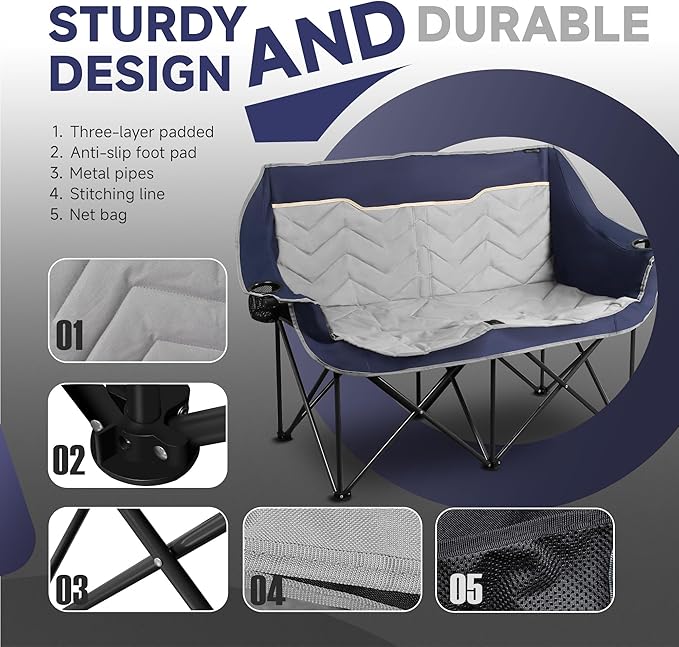 Double Camping Chair, Padded Loveseat Camping Couch, Oversized 2 Person Camp Chairs with Carry Bag,Heavy Duty Folding Lawn Chair for Adults Portable Outdoor Folding Sofa for Patio Backyard, Blue