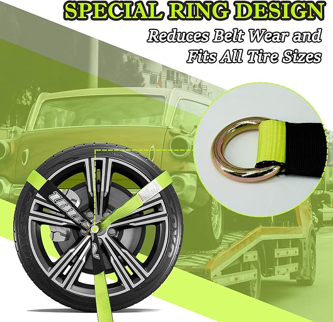 4 Pack Car Tie Down Straps for Trailers with Heavy Duty Chain Anchors 2" x 96" - 3,300 lbs Safe Working Load -Adjustable Wheel Straps with Chain Hook Anchors for Trailers.Green