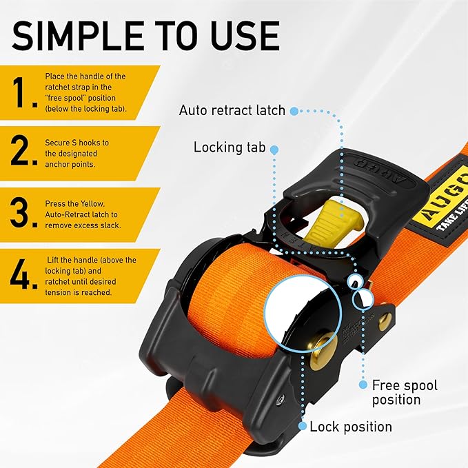 AUGO Retractable Ratchet Straps | 2 Heavy Duty Ratchet Straps Self Retractable Tie Downs with Soft Loops & Storage Bag for Motorcycle, Truck, Trailer, Cargo Van | 3000 Lb Break Strength 2” x 10’