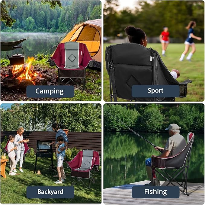 Oversized Folding Camping Chair for Adults Heavy Duty Padded Outdoor Chairs Big and Tall XL Picnic Chair with Cup Holders 400lb Capacity, Comfy for Lawn Sports and Outside Use