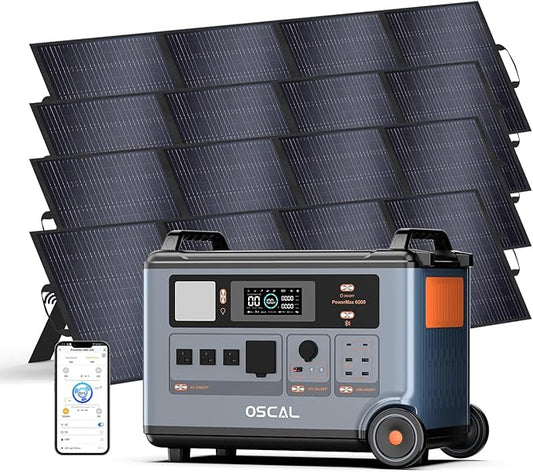 OSCAL PowerMax 6000 Solar Generator with 4x200W Solar Panel, 120V/240V Split Phase Voltage 6000W AC Outlets (9000W Peak), 2200W AC Charging/2400W PV Charging for Home, Emergency, Bank Battery Backup