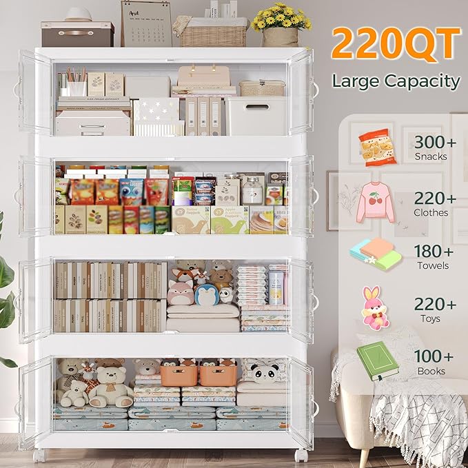 275Gal Stackable Storage Bins with Lid, 1100Qt Extra Large Collapsible Storage Box with Doors and Wheels, Plastic Closet Organizer and Storage Cabinet Drawer For Home Kitchen, 5Pack White
