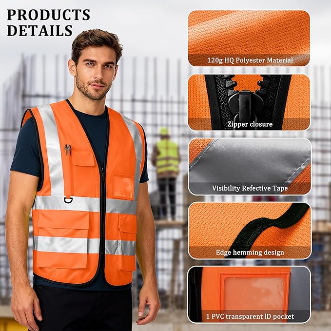 Custom Safety Vest with Logo, High Visibility Reflective Personalized Vest with Pockets for Men Women Construction