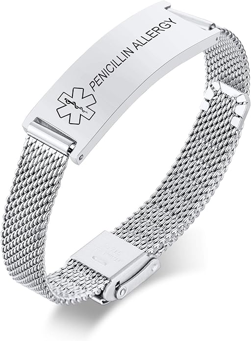VNOX Medical Alert Bracelets for Men & Women Kids with Free Engraving Adjustable Stainless Steel Mesh Emergency Medical ID Bracelets Wristband
