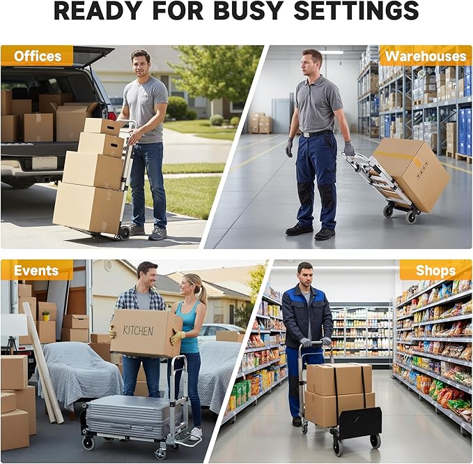 CREWORKS 3 in 1 Convertible Hand Truck Dolly with Brakes,Heavy Duty Folding Hand Truck with 600LB Capacity,Portable Dolly Cart with Rubber Wheels and Telescoping Handles for Moving