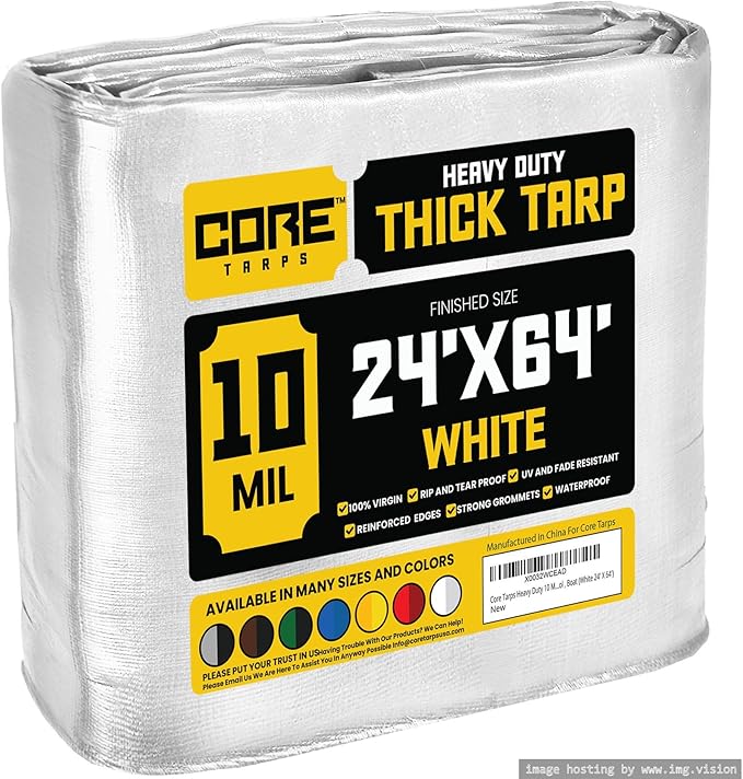 Core Tarps Heavy Duty 10 Mil Tarp Cover, Waterproof, UV Resistant, Rip and Tear Proof, Poly Tarpaulin with Reinforced Edges for Roof, Camping, Patio, Pool, Boat (White 24′ X 64′)