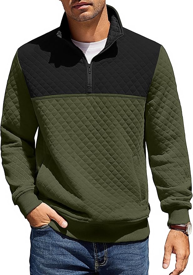 COOFANDY Mens Quarter Zip Pullover Quilted Sweatshirt Knit Long Sleeve Mock Neck Sweater Polo with Pocket