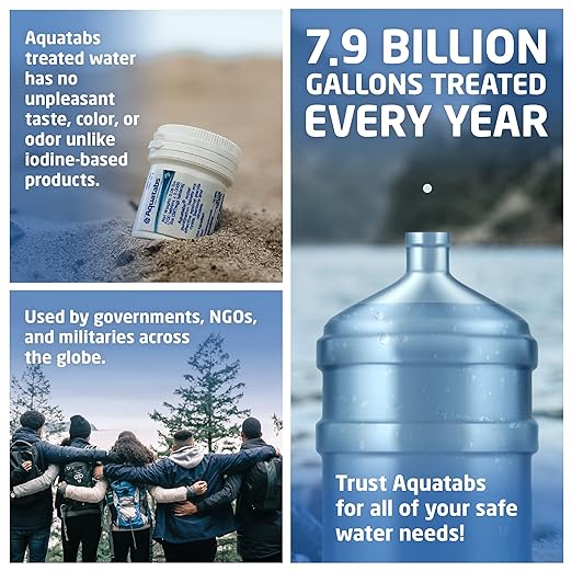 Aquatabs 397mg Water Purification Tablets (100 Pack). Water Filtration System for Camping, Boating, Emergency Water, Survival, and Marine. Easy-to-Use Water Purifier Treatment.