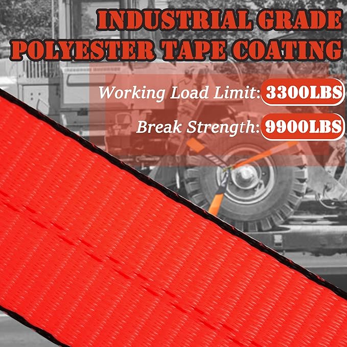 4 Pack Car Tie Down Straps for Trailers with Heavy Duty Chain Anchors 2" x 96" - 3,300 lbs Safe Working Load -Adjustable Wheel Straps with Chain Hook Anchors for Trailers.Red