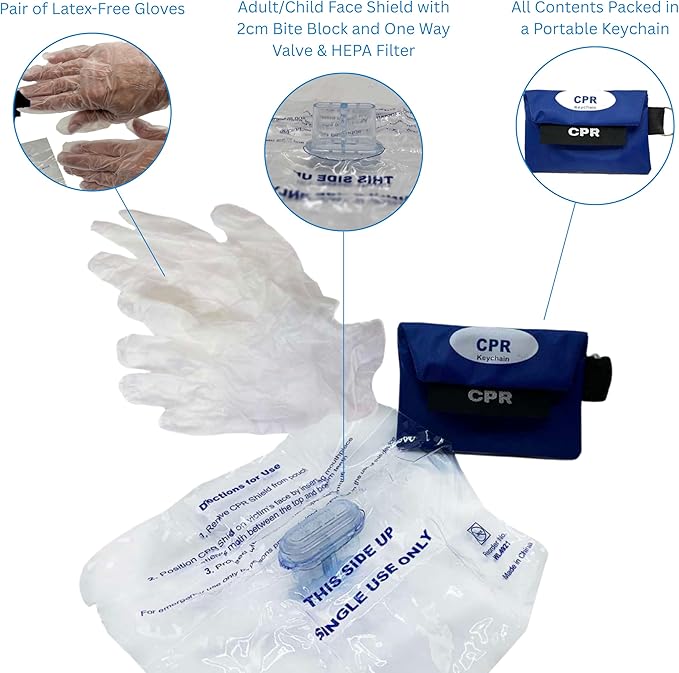 WNL Products FAK5000G-BUNDLE Adult/Child CPR Rescue Mask Kit with CPR Keychain - Hard Case CPR Mask with One-Way Valve, Gloves, Antiseptic Wipe, and Face Shield Keychain Barrier - Bundle