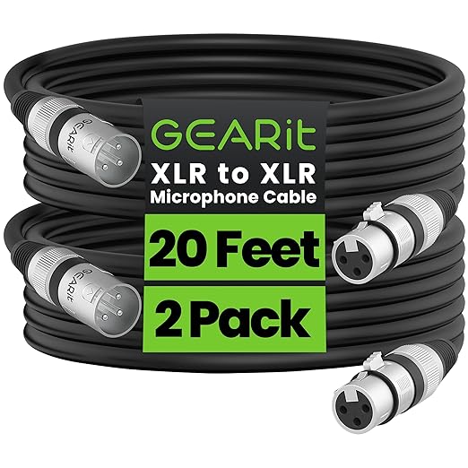 GEARit XLR Male to Female Microphone Cable (20 Feet, 2-Pack) 3-Pin Balanced Shielded Mixer, Recording Studio, Podcast - Black