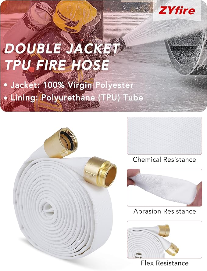 ZYfire Fire Hose - 2-1/2" ID x 50 FT Double Jacket TPU Firefighter Hose with M x F NST/NH Brass Couplings 1200 PSI Burst Pressure Lightweight for Firefighting & Residential Use