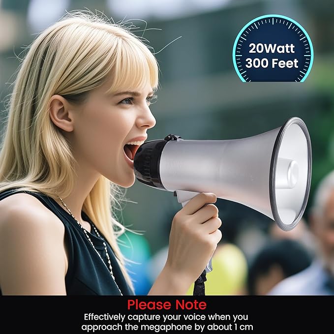 MyMealivos Portable Megaphone Bullhorn 20 Watt Power Megaphone Speaker Voice and Siren/Alarm Modes with Volume Control and Strap (Silver)…