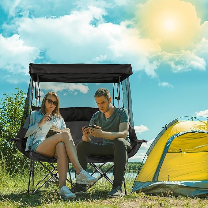 Double Camping Chair with Canopy Shade Folding Double Beach Chair with Adjustable Canopy Heavy Duty Loveseat Camping Chair with Two Cup Holders and Carry Bag for Outside, Beach Fishing Sports