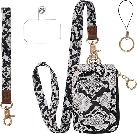2-in-1 ID Badge Holder & Lanyard Wallet - Multi-Use Womens Small Wallet with Removable Wristlet & Neck Lanyard, Clear Window, 5 Card Slots, Phone Holder, Ring Keychain - White Snake