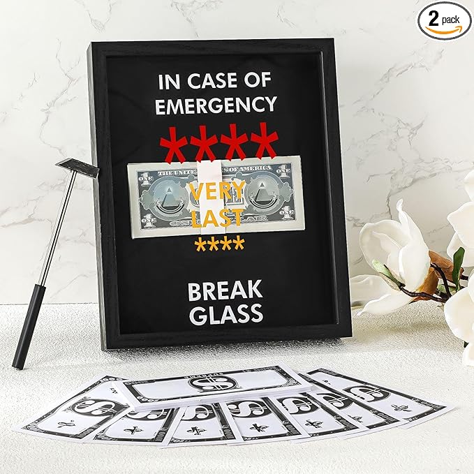 Marsui Emergency Break Glass Box with Hammer White Elephant Gag Gift 10"x8"x3" Wooden Display Case Wall Mountable for Christmas Birthday Money Not Included(Playful Emergency Box)