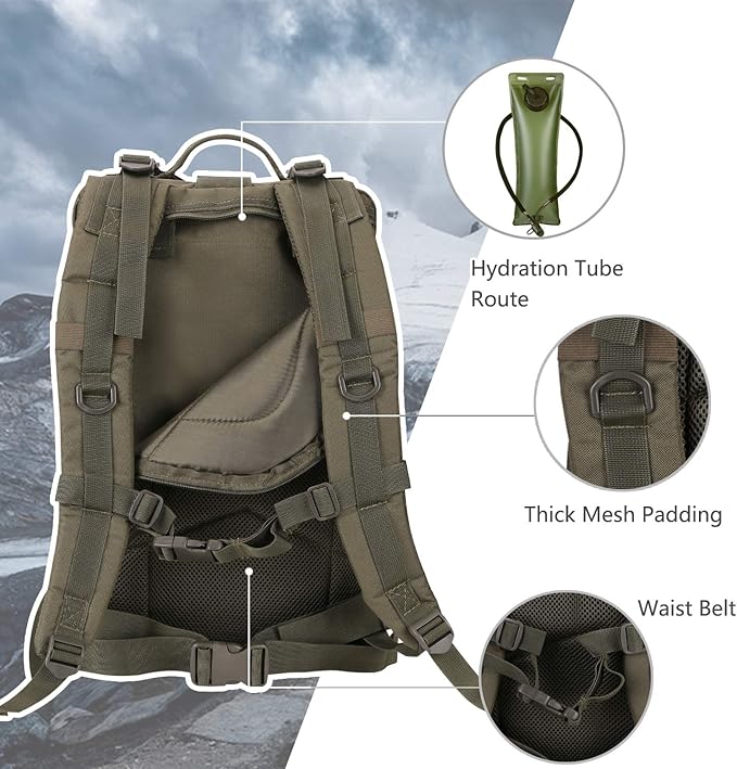 MOLLE Assault Backpack, Tactical Backpack Military Army Camping Rucksack, 3-Day Pack Trip w/USA Flag Patch, D-Rings, Olive