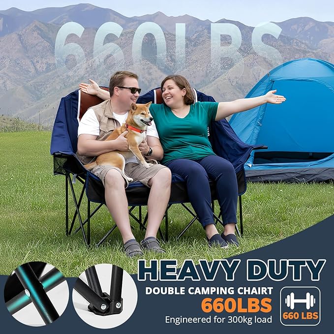 Oversized Double Camping Chair - 2 Person Portable Folding Outdoor Loveseat Heavy Duty Lawn Chairs for Adults with Padded Cushion & Dual Cup Holders, Supports 660LBS for Camping，Sports，Picnic