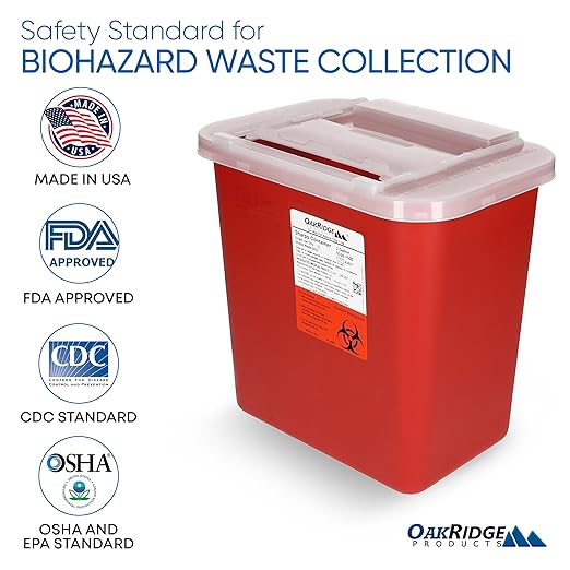 Oakridge Products Large Sharps Container for Home Use and Professional 2 Gallon (3-Pack) with Sliding Top, Biohazard Needle and Syringe Disposal, CDC Certified