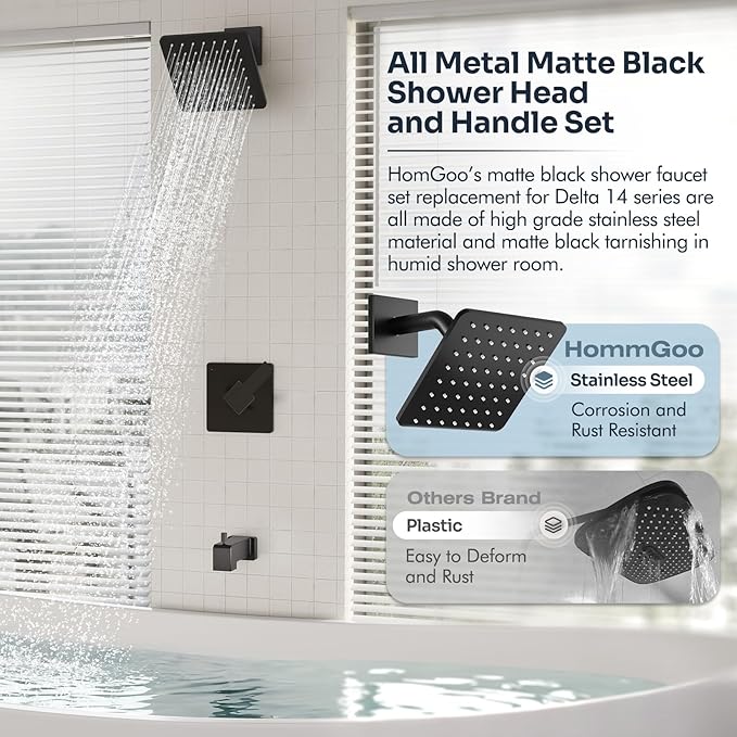 Replacement for Delta Shower Trim Kit 14 Series, All Metal Tub Shower Faucet Set, 6-Inch Matte Black Shower Head and Handle Set(Valve/Cartridge Not Included)