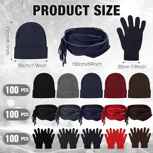 Unittype 300 Pcs Winter Homeless Care Supplies Bulk - Beanies Caps Gloves Scarves Set for Community Charity Church Donation