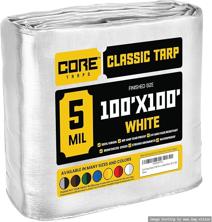 Core Tarps Classic 5 Mil Tarp Cover, Waterproof, UV Resistant, Rip and Tear Proof, Poly Tarpaulin with Reinforced Edges for Roof, Camping, Patio, Pool Cover, Boat (White 100′ X 100′)