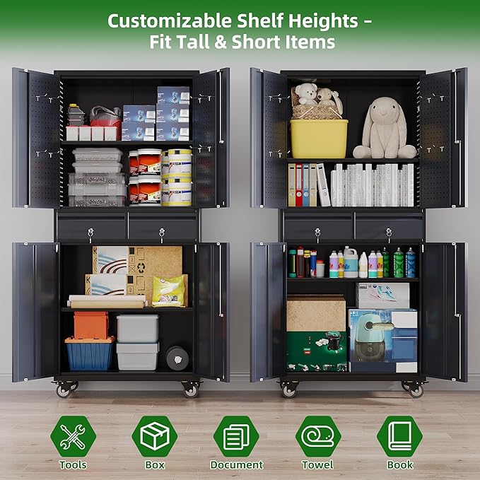 Garage Storage Cabinet with Wheels and Doors,71" H Metal Storage Cabinet with Pegboard and 2 Drawers for Garage, Warehouse,Home,Required Assembly,Black and Dark Grey