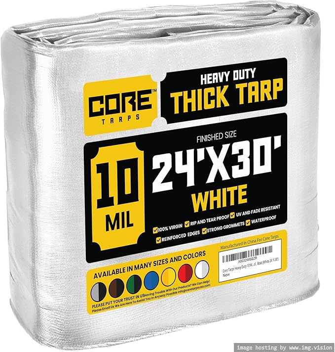 Core Tarps Heavy Duty 10 Mil Tarp Cover, Waterproof, UV Resistant, Rip and Tear Proof, Poly Tarpaulin with Reinforced Edges for Roof, Camping, Patio, Pool, Boat (White 24′ X 30′)