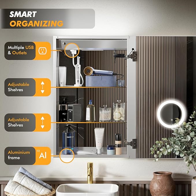 LED Lighted Medicine Cabinet Front & Backlit Dimmable Colours, Clock & Temp, USB Outlets (24 x 32)