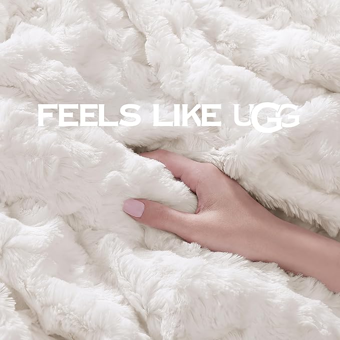 UGG Faux Fur Twin Blanket for Bed, Double-Sided Soft Blanket, Warm Large Throw for Couch, Washable Twin XL Bedding, Luxury Bedroom Decor, 66" x 90", Natural White (Adalee)