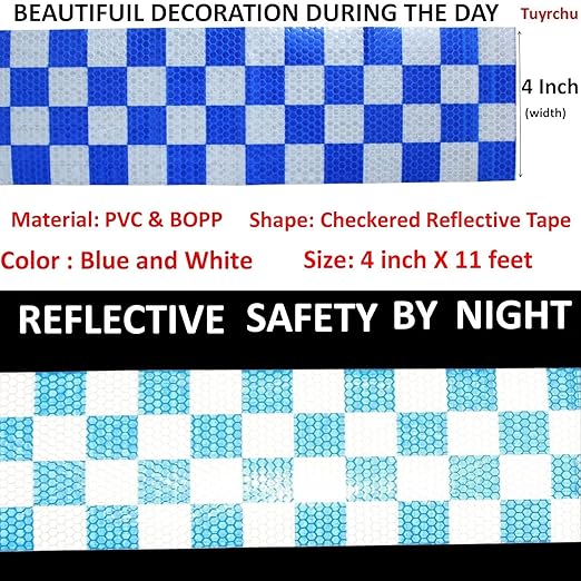 Reflective Tape Blue and White 4 inch, Outdoor Waterproof Hazard Conspicuity Warning Industrial Marking Tape (11 feet)