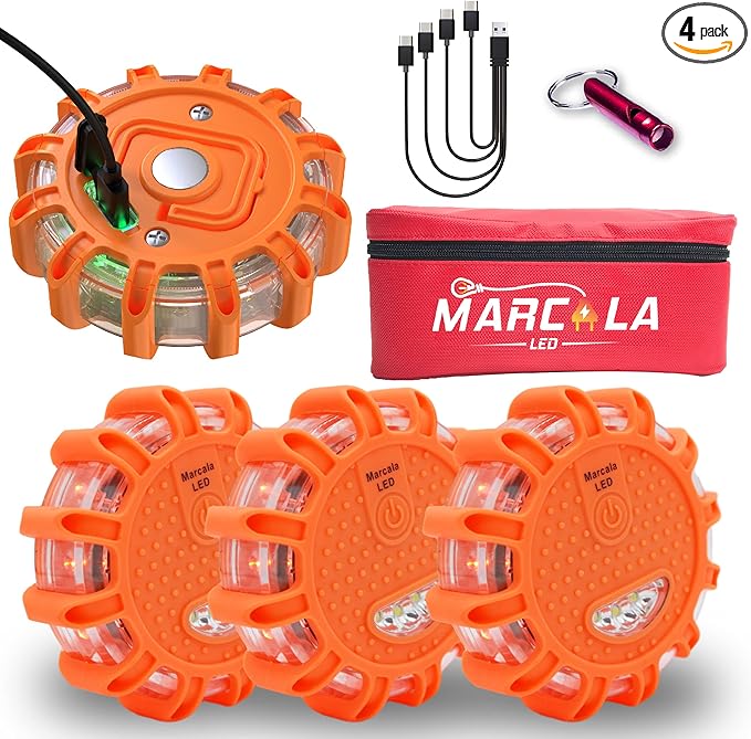 Marcala 4-Pack Rechargeable LED Emergency Road Flares | Large 1200mah Battery for Longer Run Time | Red Diode Road Emergency Light for High Visibility | Rechargeable LED Flares w/Included USB-C Cable