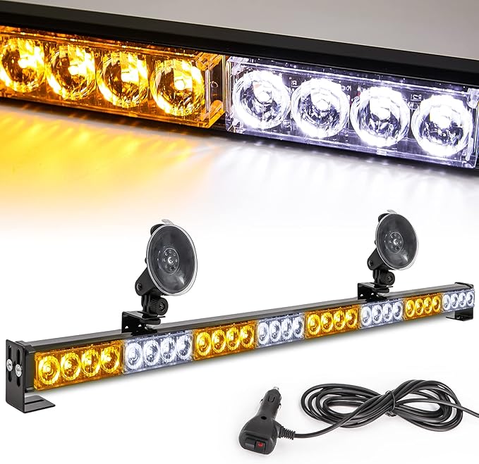 LE-JX Traffic Advisor Light Bar 35.5 Inch 13 Flash Patterns 32 Led Warning Emergency Strobe Light Bar Directional Flashing Led Safety Lights with Cigar Lighter (35.5 Inch, Yellow/White)