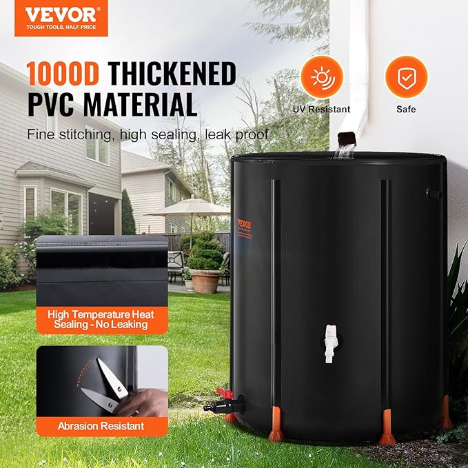 VEVOR Collapsible Rain Barrel, 100 Gallon/380 L Portable Water Tank, PVC Rainwater Collection Barrel with Spigots and Overflow Kit, Water Barrel for Garden Water Catcher