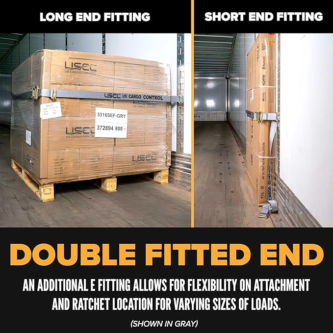 US Cargo Control Double-Fitted E-Track Ratchet Straps (4 Pack), 4,400 LBS Break Strength, 2 Inch x 20 Foot Heavy Duty E Track Straps with 3 Spring E-Fittings, Versatile 2-in-1 Logistic Tiedowns