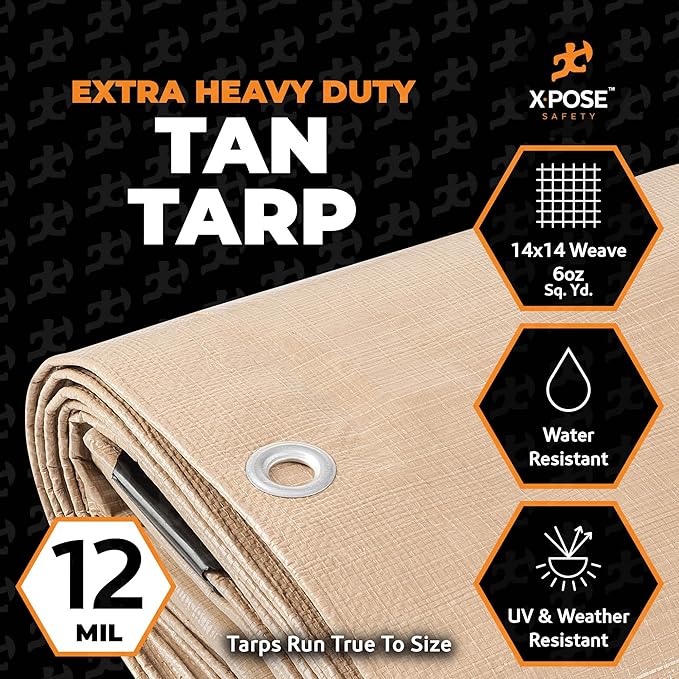 Heavy Duty Tan Poly Tarp 10' X 10' - Multipurpose Protective Cover - Durable, Waterproof, Weather Proof, Rip and Tear Resistant - Extra Thick 12 Mil Polyethylene - by Xpose Safety