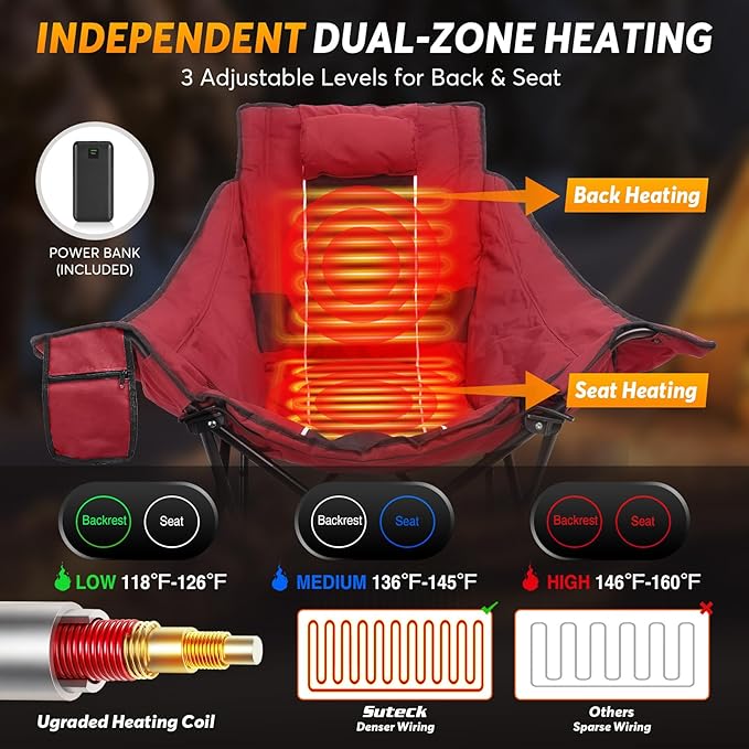 Suteck Heated Rocking Camping Chair - Oversized Heated Camping Chair W/20000mAh Power Bank & Carry Bag, Fully Padded Heated Chairs for Outdoor Sports W/3 Heat Levels for Back & Seat, Lawn Picnic Patio