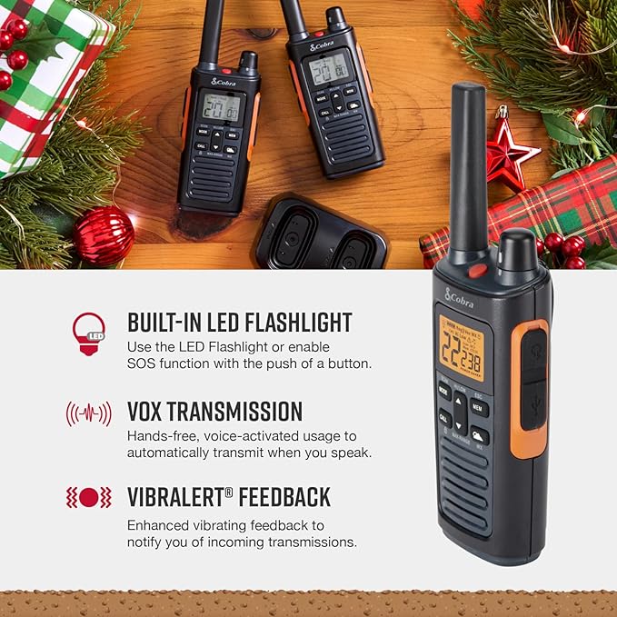 Cobra RX680 Walkie Talkies (2-Pack) - Rugged & Splashproof Two Way Radios Long Range, IP54 Water Resistant Design, 60 Pre-Programmed Channels, Weather Alerts, Included Charging Dock (Black/Orange)